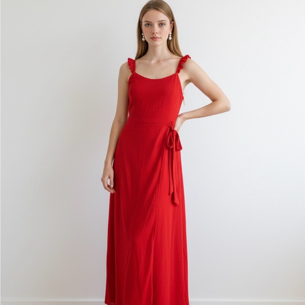 HYFIVE Red Ruffle Strap Back Cutout Side Tie Maxi Dress